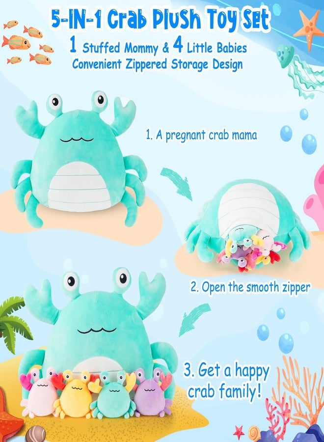 DoubleFill مجموعة ألعاب سرطان البحر القطيفة من دبل فيل، 5 قطع، 14 بوصة، وسادة قطيفة على شكل سرطان بحر كبير مع 4 دمى قطيفة للأطفال، هدايا عيد ميلاد للبنات والأولاد، ديكورات حفلات تحت الماء والمحيط (أخضر) - Image 4